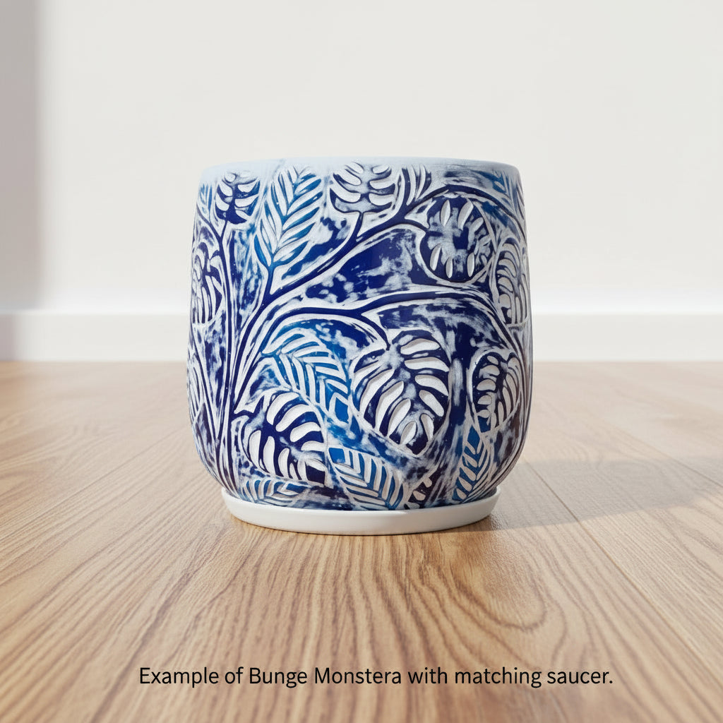 Stylish Bunge Monstera Fibreglass Pot White with Blue Leaves