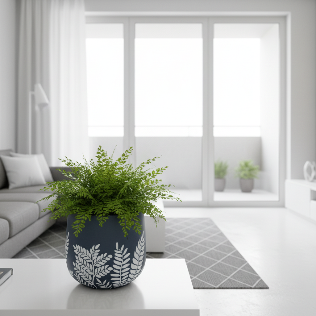 Bunge Fern Fibrelgass Pot White on Dark Grey