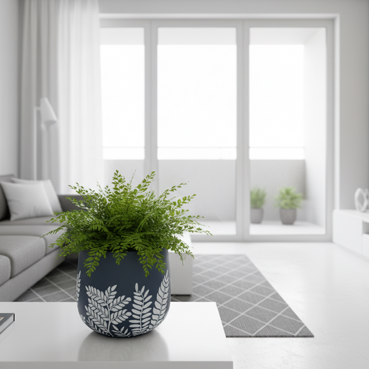 Bunge Fern Fibrelgass Pot White on Dark Grey