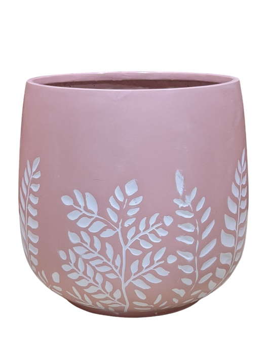 Bunge Fern Fibrelgass Pot White on Dusty Pink
