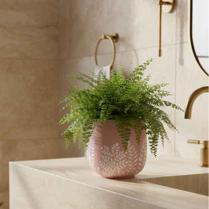 Bunge Fern Fibrelgass Pot White on Dusty Pink