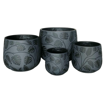 Stylish Bunge Monstera Fibreglass Pot Dark Grey with Black Leaves