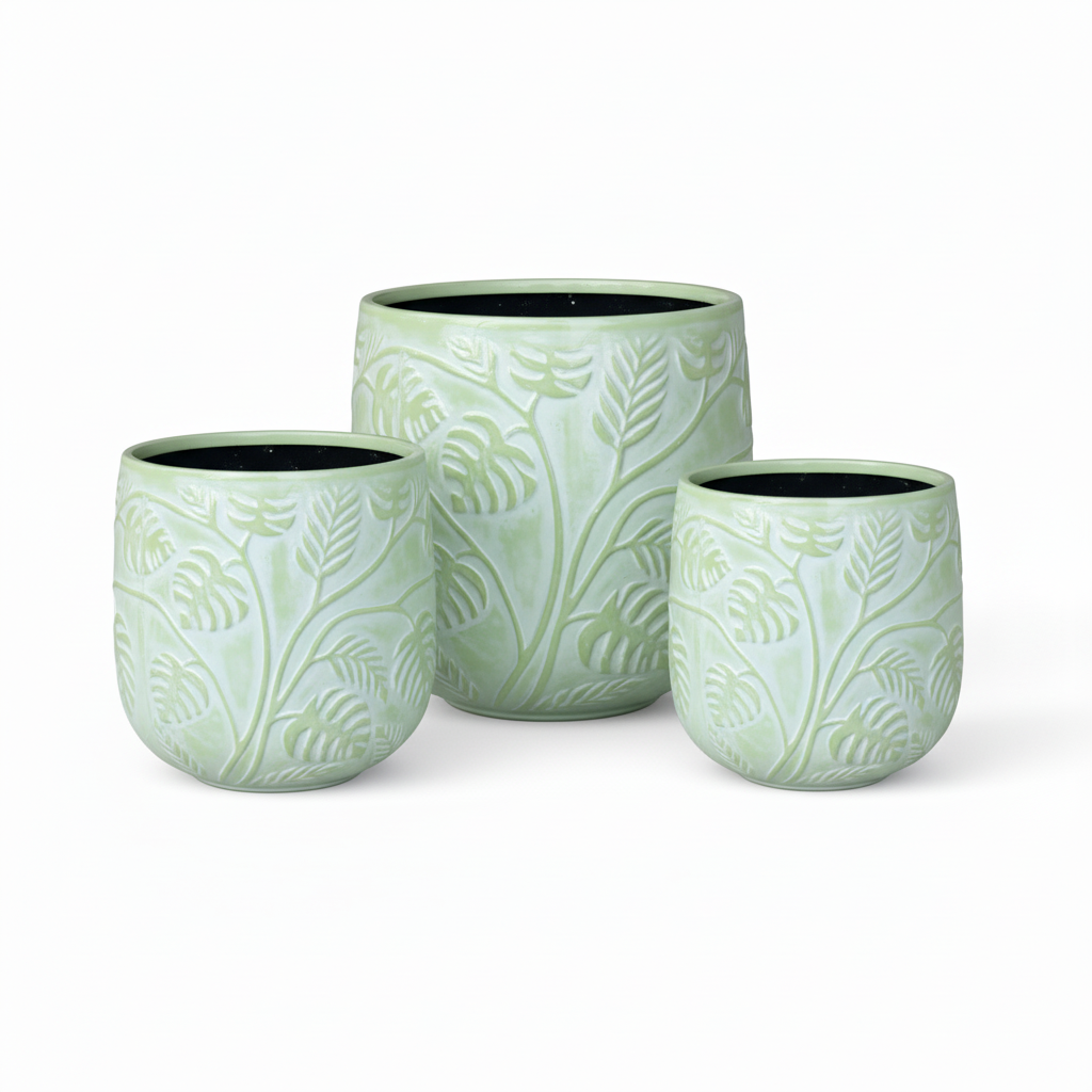Stylish Bunge Monstera Fibreglass Pot White with Green Leaves