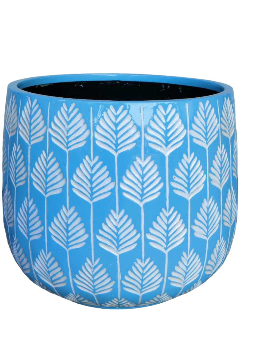 Bunge Palm Leaf Fibreglass Pot White on Baby Blue