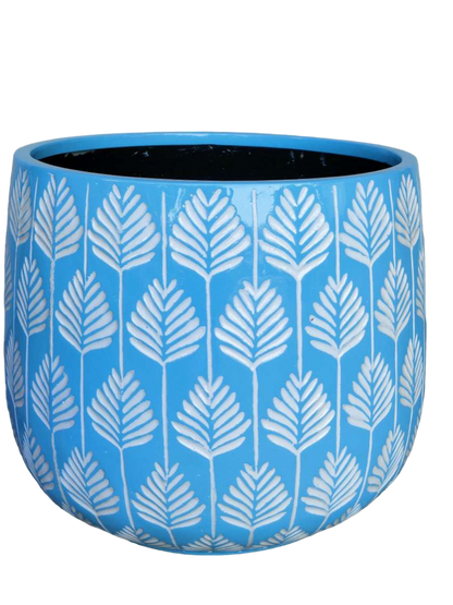 Bunge Palm Leaf Fibreglass Pot White on Baby Blue