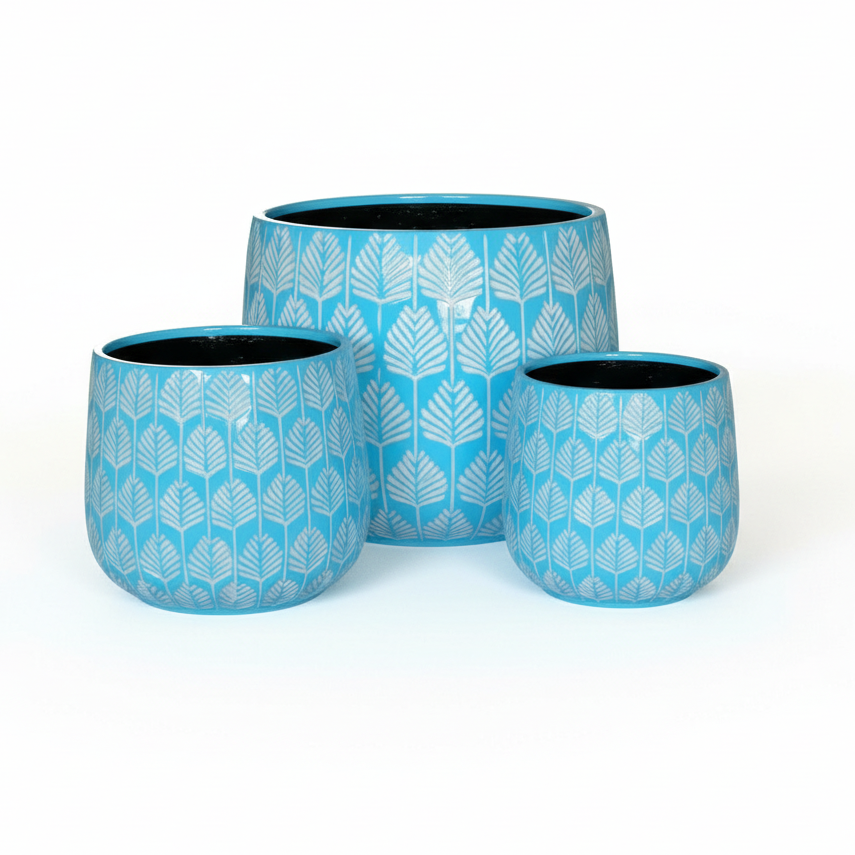 Bunge Palm Leaf Fibreglass Pot White on Baby Blue