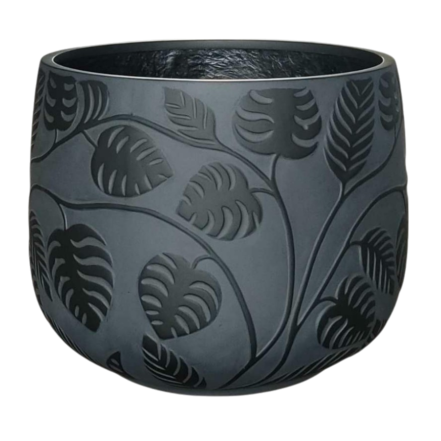 Stylish Bunge Monstera Fibreglass Pot Dark Grey with Black Leaves