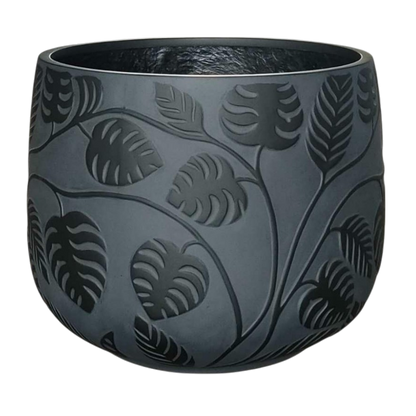 Stylish Bunge Monstera Fibreglass Pot Dark Grey with Black Leaves