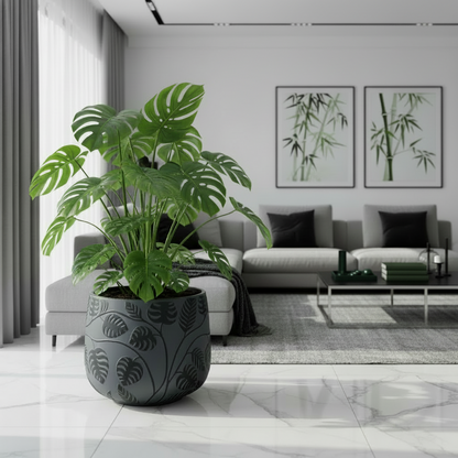 Stylish Bunge Monstera Fibreglass Pot Dark Grey with Black Leaves