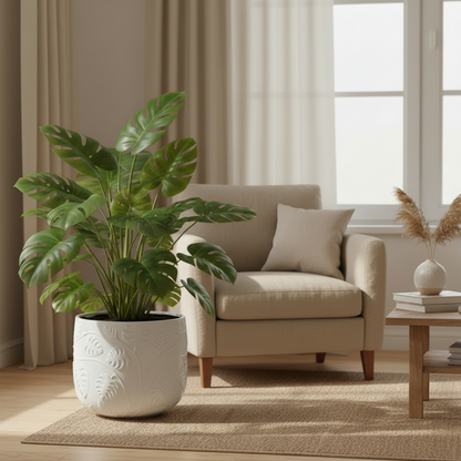 Stylish Bunge Monstera Fibreglass Pot Gloss White