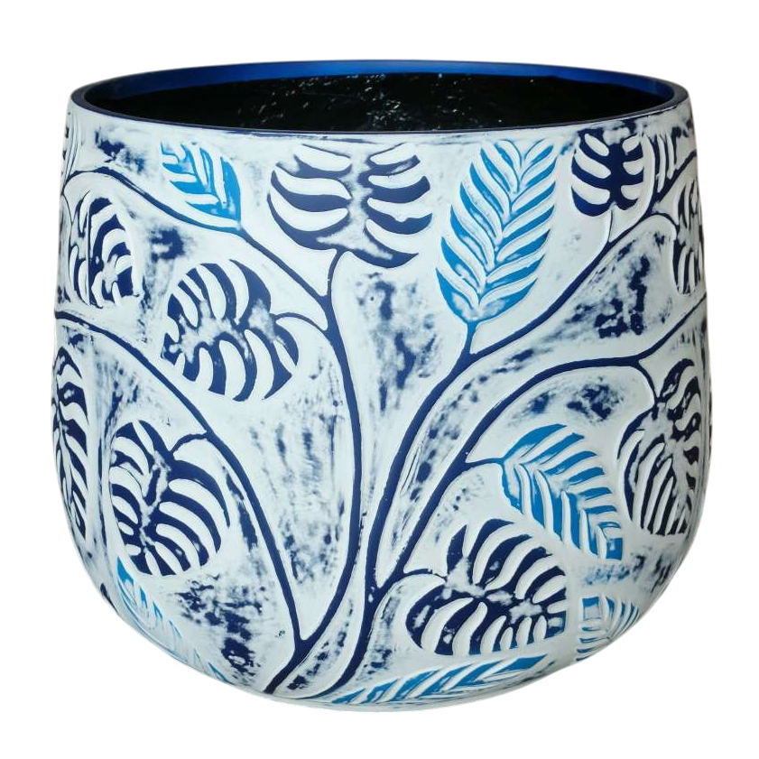 Stylish Bunge Monstera Fibreglass Pot White with Blue Leaves