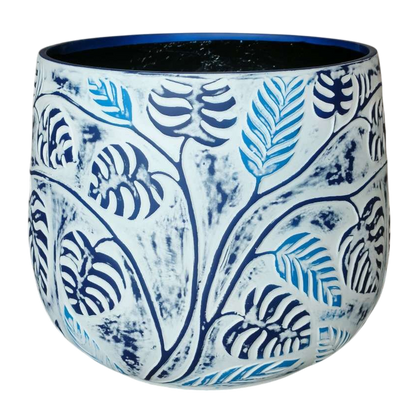 Stylish Bunge Monstera Fibreglass Pot White with Blue Leaves