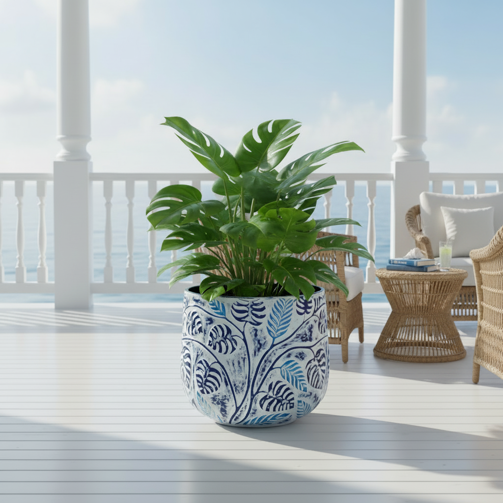 Stylish Bunge Monstera Fibreglass Pot White with Blue Leaves