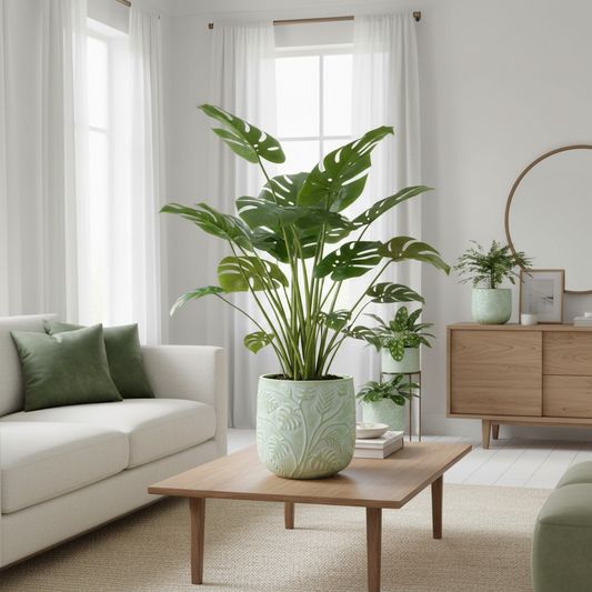 Stylish Bunge Monstera Fibreglass Pot White with Green Leaves