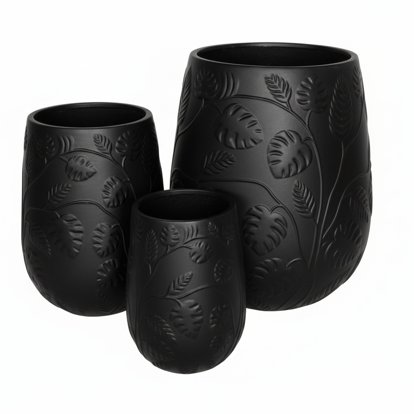 Contemporary Tall Vase Fibreglass Pot Matte Black Monstera