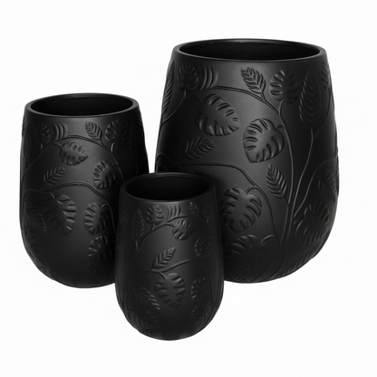 Contemporary Tall Vase Fibreglass Pot Matte Black Monstera
