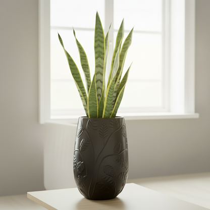 Contemporary Tall Vase Fibreglass Pot Matte Black Monstera