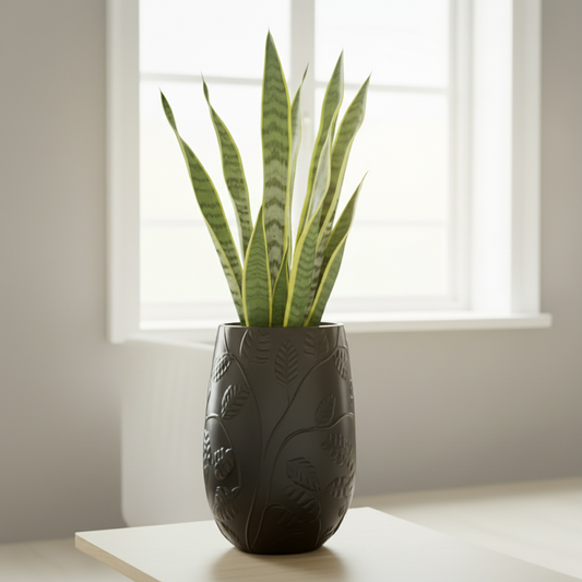 Contemporary Tall Vase Fibreglass Pot Matte Black Monstera