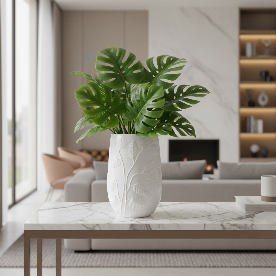 Contemporary Tall Vase Fibreglass Pot Gloss White Monstera