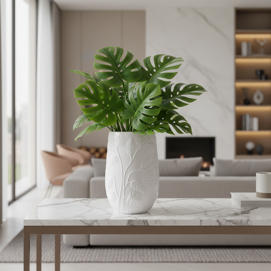 Contemporary Tall Vase Fibreglass Pot Gloss White Monstera